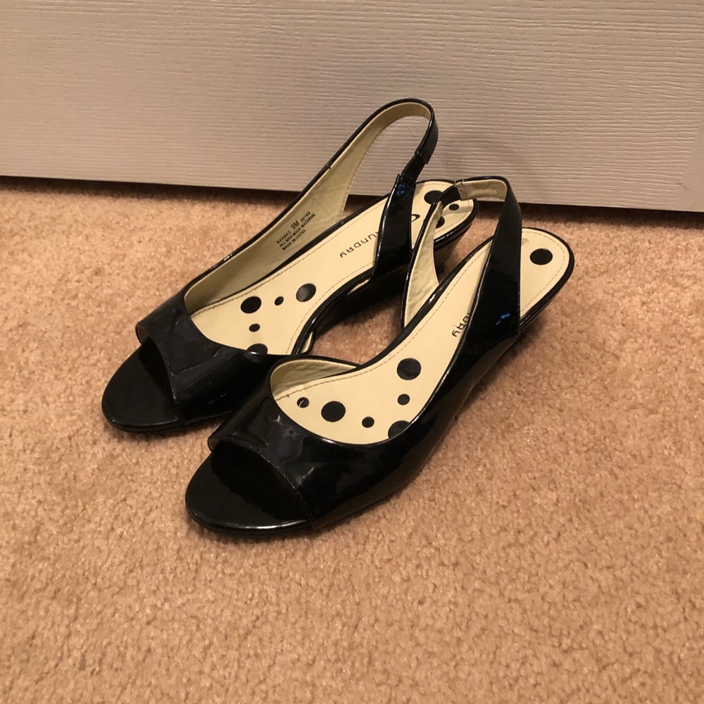 Short, black, wedge heel